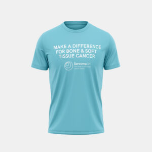 Light blue t-shirt with 'Make a difference for bone and soft tissue cancer' on it