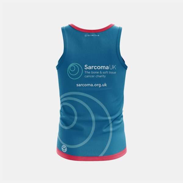 Back of the blue running vest with Sarcoma UK logo