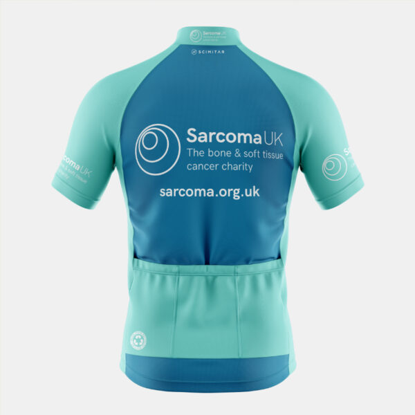 back of blue cycle jersey with Sarcoma UK logo