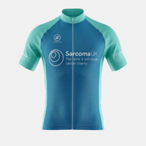 Blue cycle jersey with Sarcoma UK logo