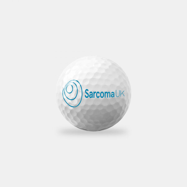 Golf ball with Sarcoma UK logo printed on it