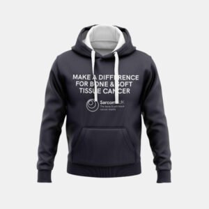 Black hoodie with the writing 'Make a difference for bone and soft tissue cancer' on it and the Sarcoma UK logo