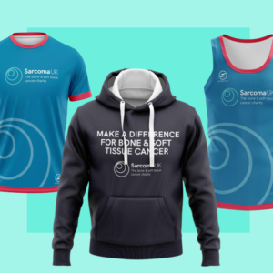 Blue Running top, blue running vest and black hoodie, all with Sarcoma UK logo on
