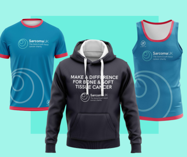 Blue Running top, blue running vest and black hoodie, all with Sarcoma UK logo on