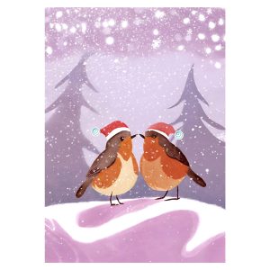 Christmas card featuring two robins facing each other wearing Santa hats with the Sarcoma UK swirl as the bobble.