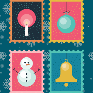 Image of winter and festive themed stamps on a blue background with snowflakes