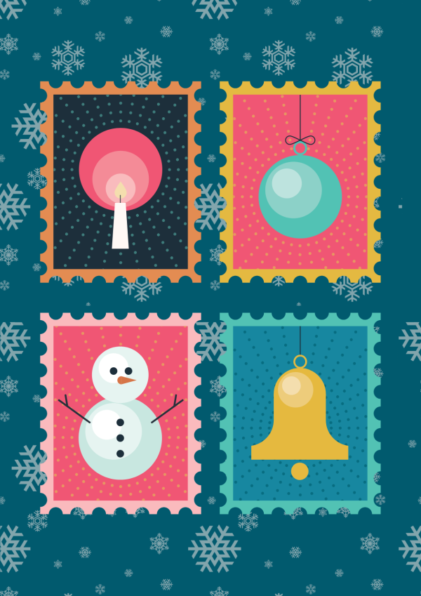 Image of winter and festive themed stamps on a blue background with snowflakes