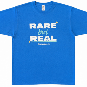 Bright blue adult t-shirt featuring the text 'RARE but REAL' printed on the front. and stepping up to make sarcoma cancer seen.