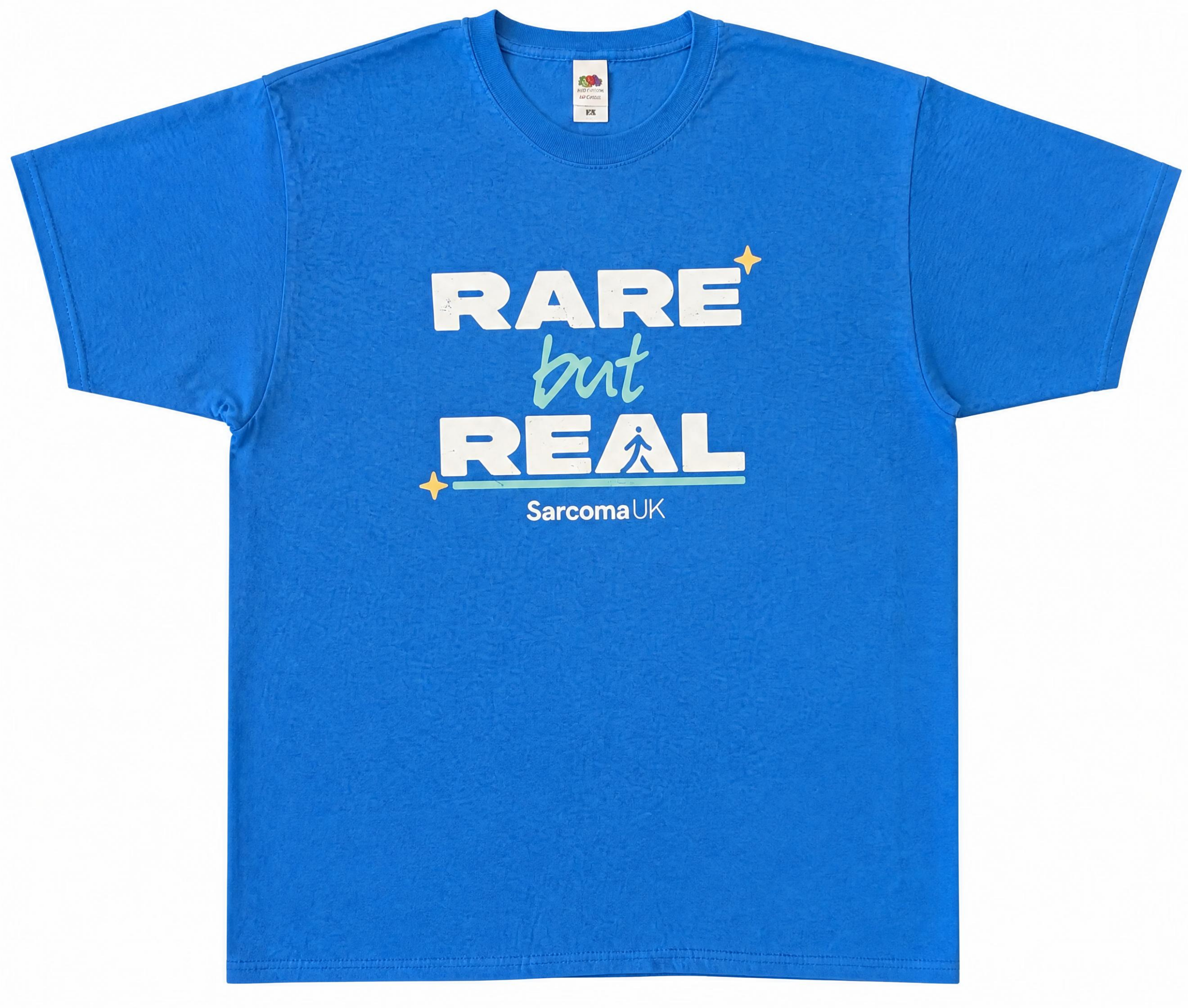 Bright blue adult t-shirt featuring the text 'RARE but REAL' printed on the front. and stepping up to make sarcoma cancer seen.
