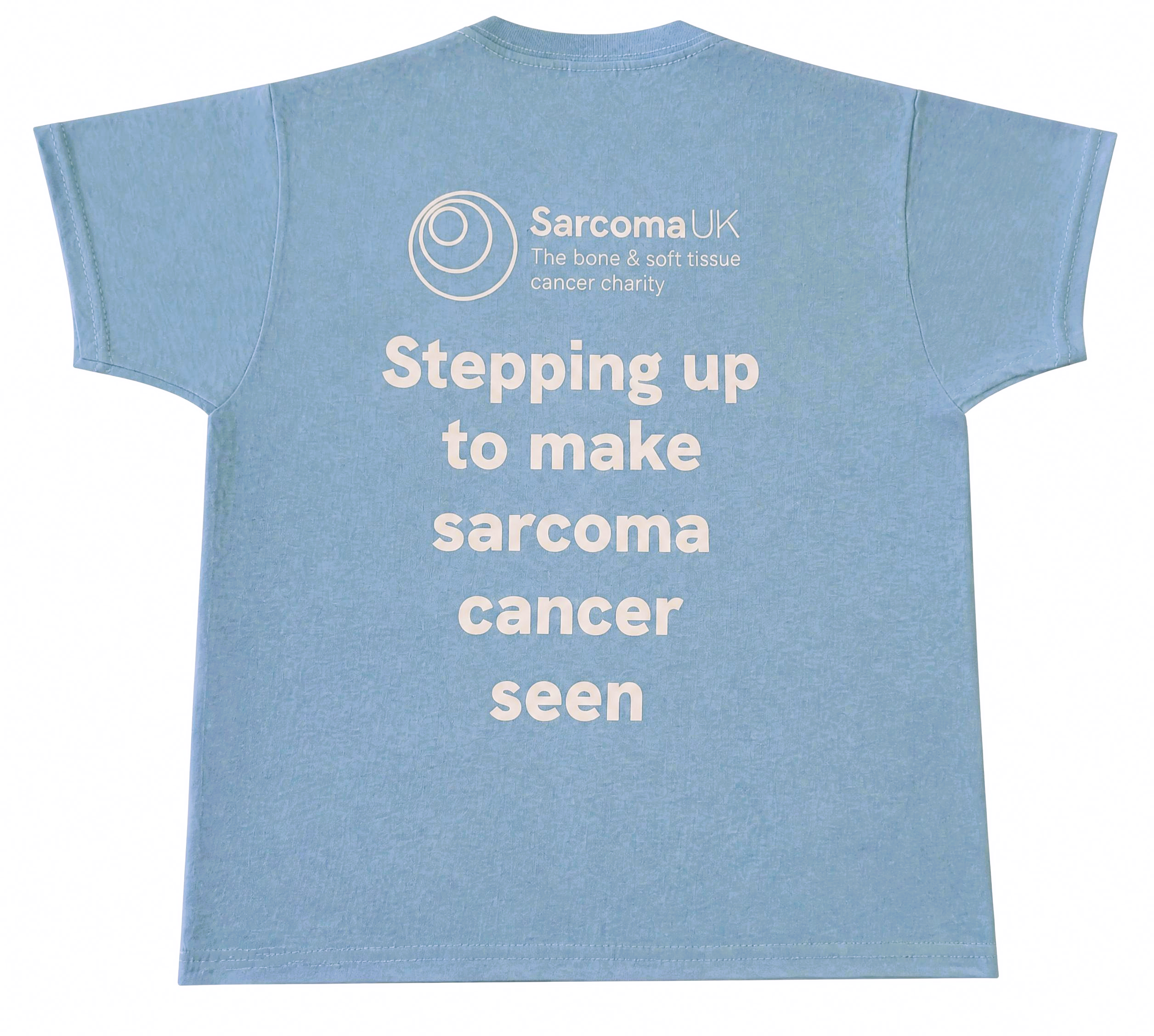 Baby blue children t-shirt featuring the text stepping up to make sarcoma cancer seen on the back.