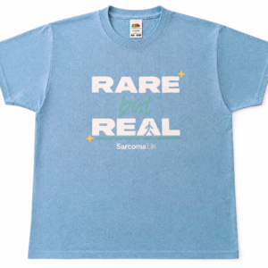baby blue children t-shirt featuring the text 'RARE but REAL' printed on the front. and stepping up to make sarcoma cancer seen on the back.