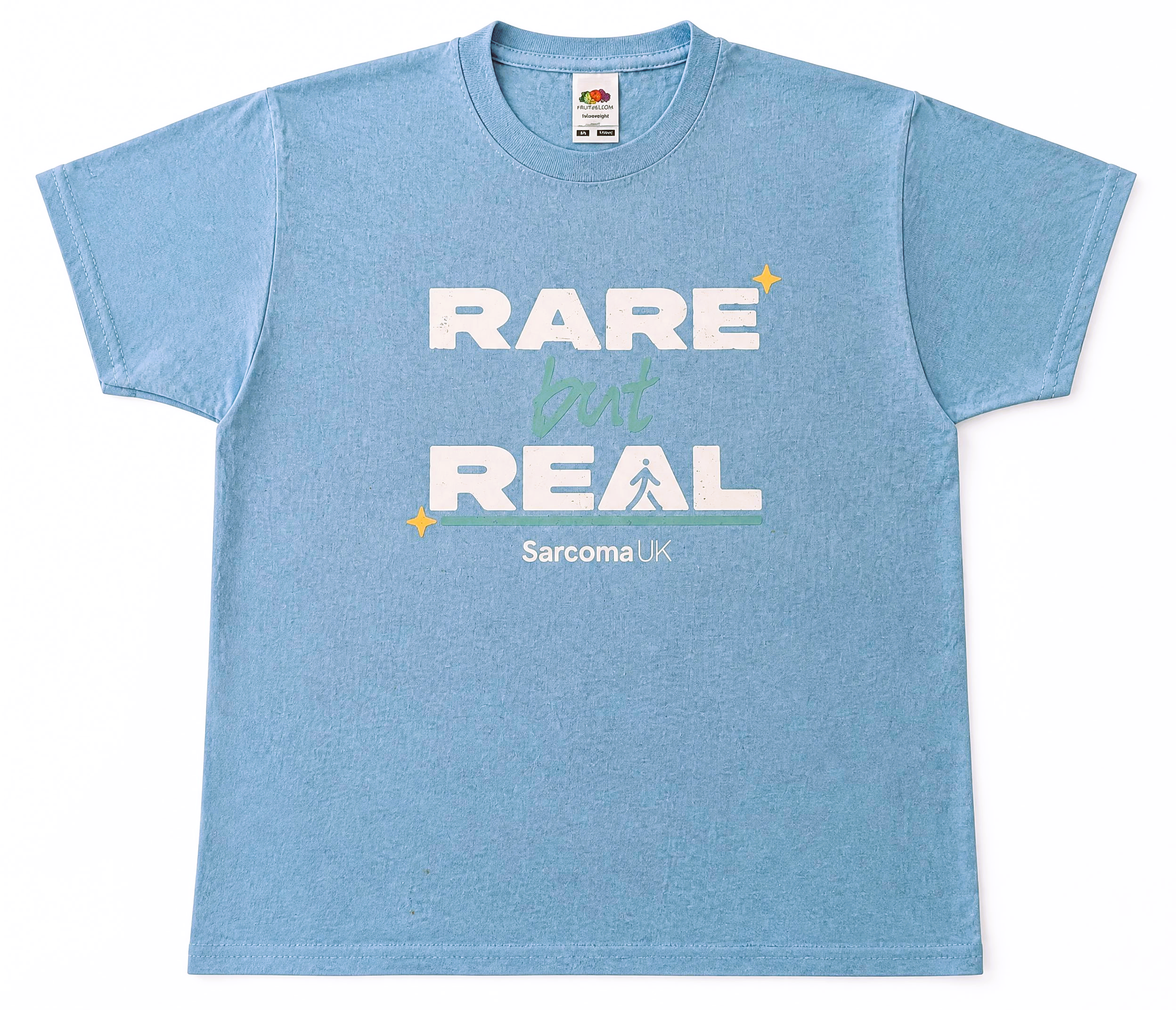 baby blue children t-shirt featuring the text 'RARE but REAL' printed on the front. and stepping up to make sarcoma cancer seen on the back.